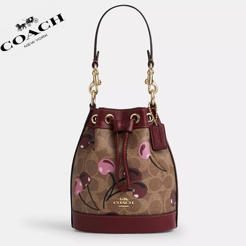 🍒 Coach Mini Bucket Bag In Signature Canvas With Cherry Print